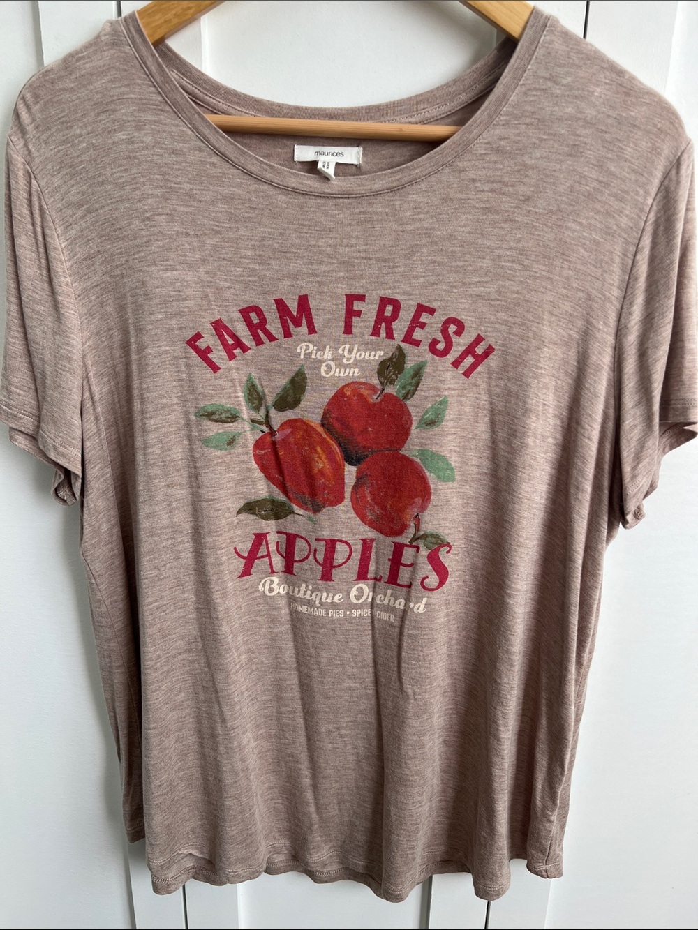 Maurices Taupe Graphic Tee with Red Apple Print